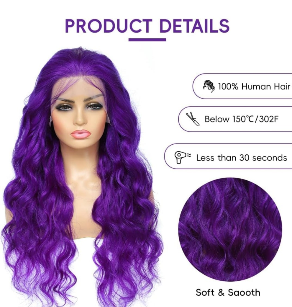 COCOMONEY Purple wig Human Hair Body Wave Human Hair Wig Pre Plucked 200 Densily Purple Lace Front Wig Human Hair 13x4 HD Lace Frontal wig 24 Inch