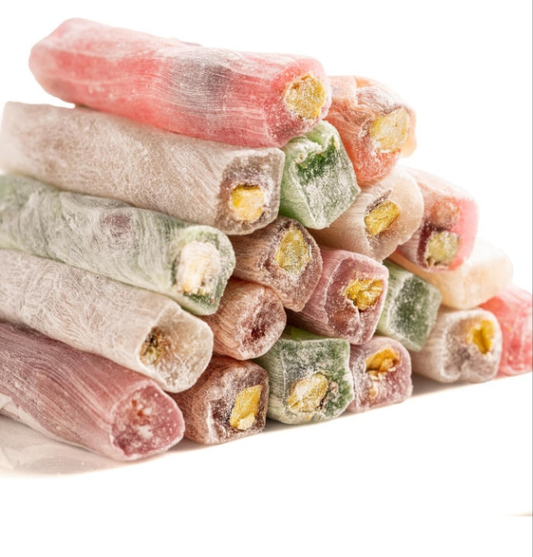 Turkish Delight Candy Sticks Pistachio Filled 17.6oz, w/ 4 Flavors: Apple, Orange, Pomegranate, Vanilla International Candy Box, Vegan Candy, Best Food & Beverage Gifts Option, Wick Lokum