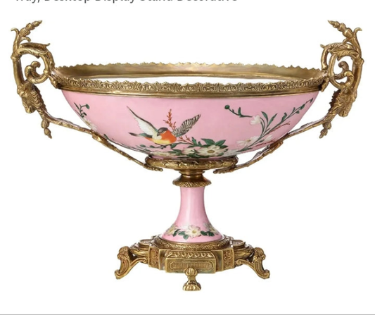 Luxurious Fruit Bowl, Binaural Ceramic Dried Fruit Plate with High Pedestal, Exquisite Hand Painted Snacks Storage Tray, Desktop Display Stand Decorative