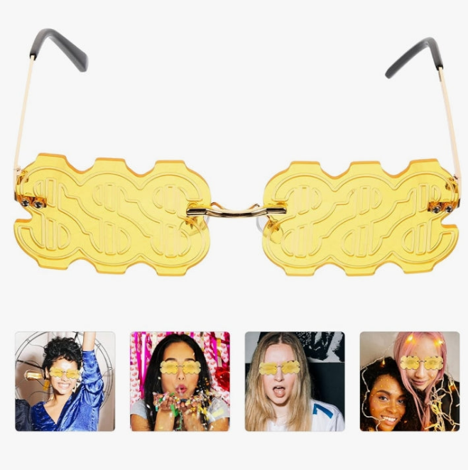 Money Sign Two-color Frameless Party Sunglasses, Fun Novelty Sunglasses, Funny Party Props, Suitable for Cosplay Party Photo Props (gold Frame Yellow Film)