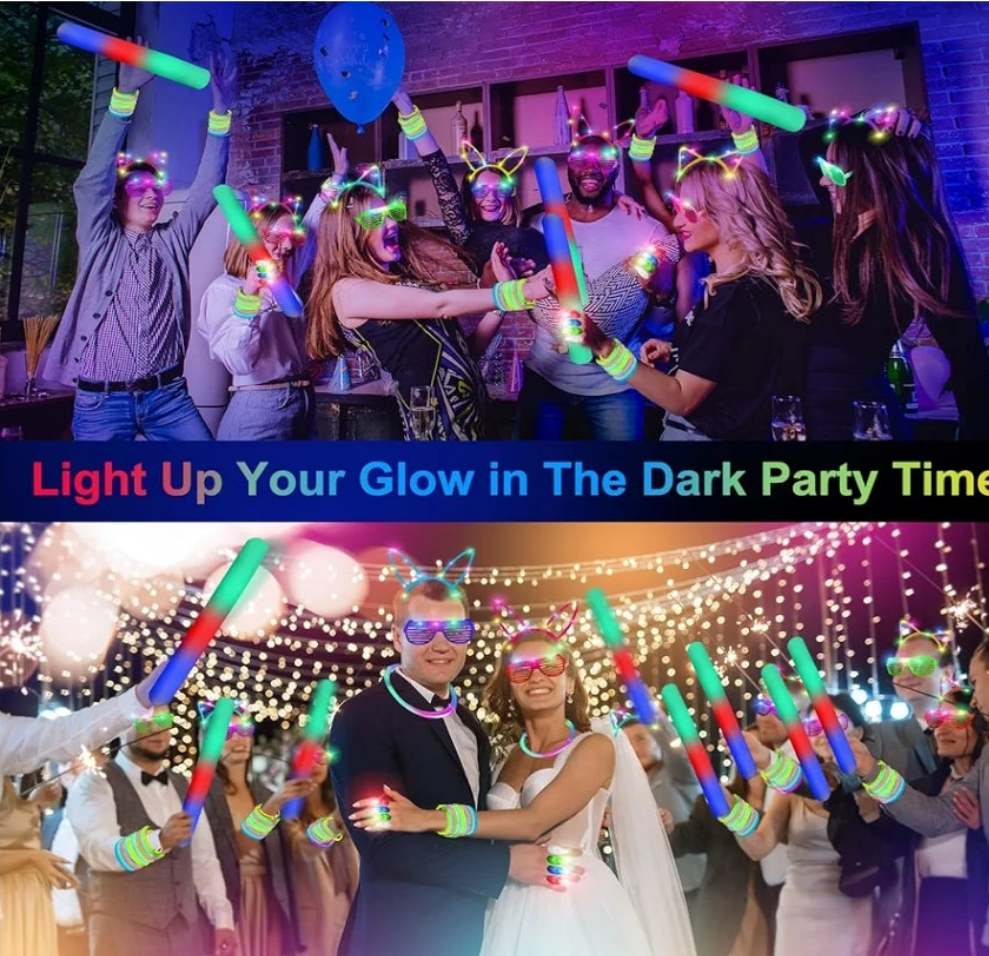 282 PCS Glow in the Dark Party Supplies, 18 Foam Sticks, 18 LED Glasses, 200 Glow Sticks, 30 Finger Lights, 8 Bunny Ear Headband and 8 LED Cat Ear Headband for Wedding,Birthday,Concert,New Year