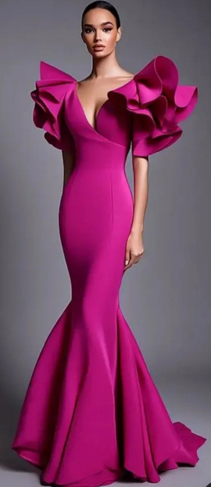 V Neck Ruffle Sleeve Mermaid Maxi Dress-Magenta [Custom-Made]COCOMONEY
