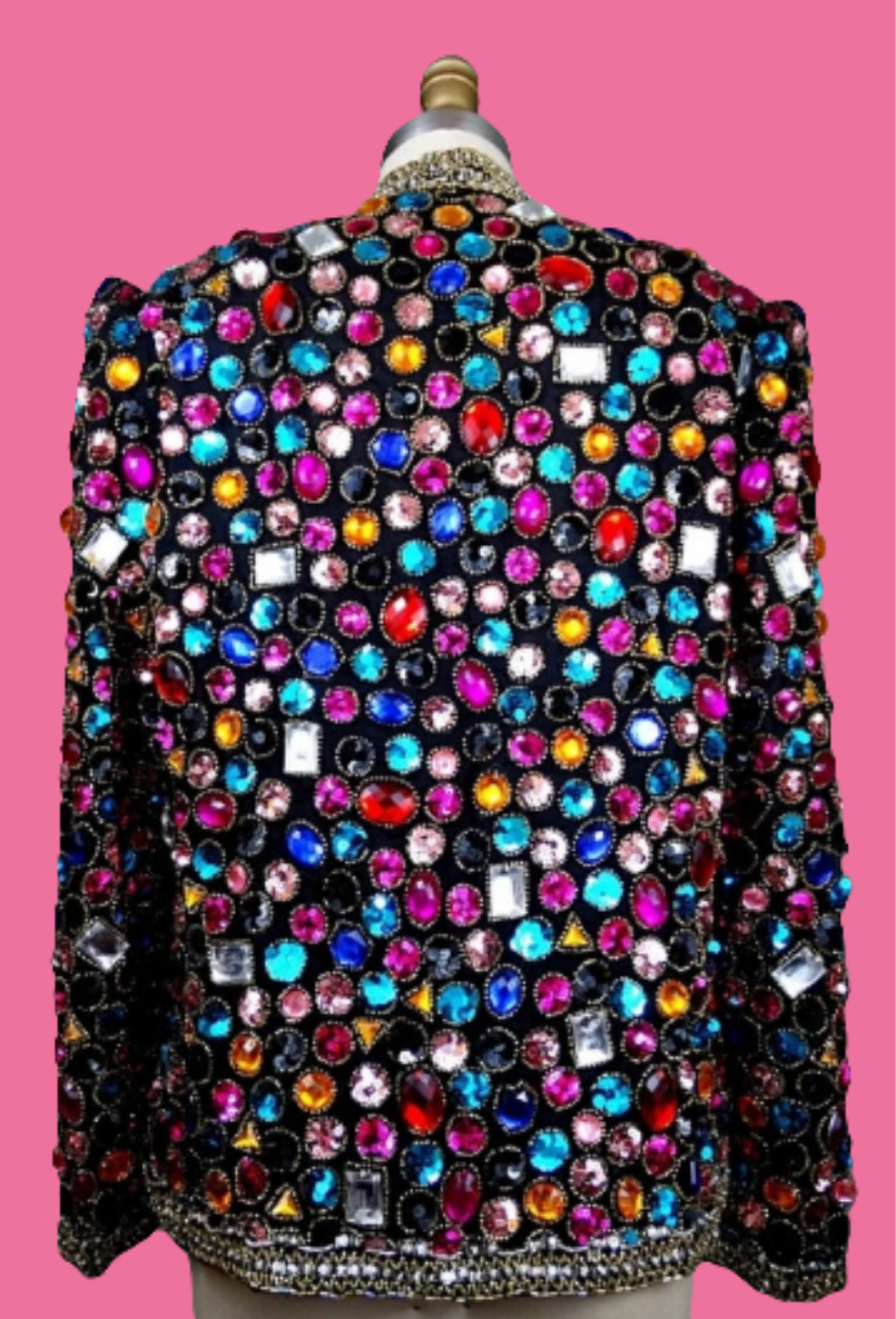 COCOMONEY Jewel Embellished Sequin Trophy Jacket // Rainbow Rhinestone Crystal Gem Beaded Evening JacketBust Medium - Bust - 36" +Shoulders - 16"
Sleeves - 21"
Top to Bottom - 24"