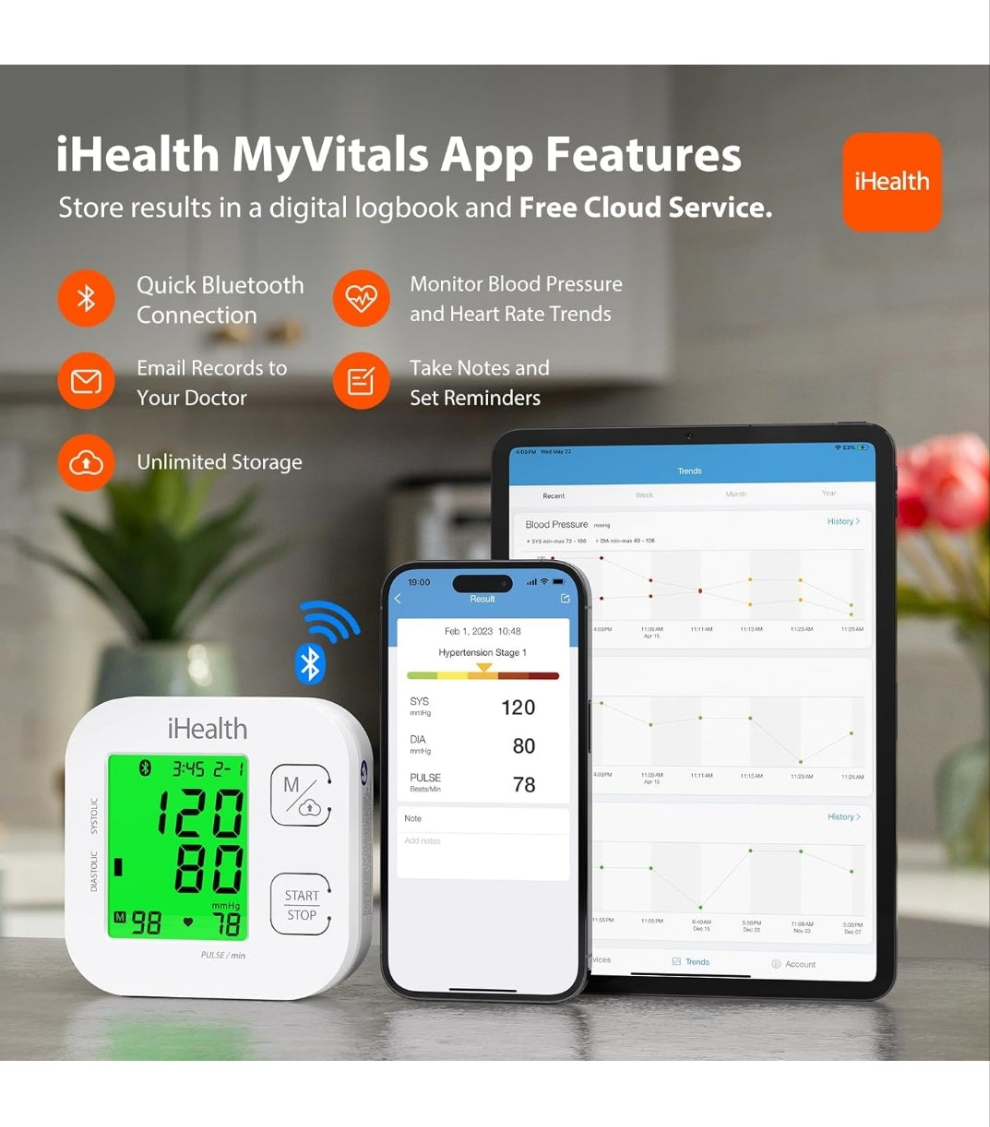 Blood Pressure Monitor with Wide Range Cuff That fits Standard to Large Adult Arms, Bluetooth Compatible for iOS & Android Devices