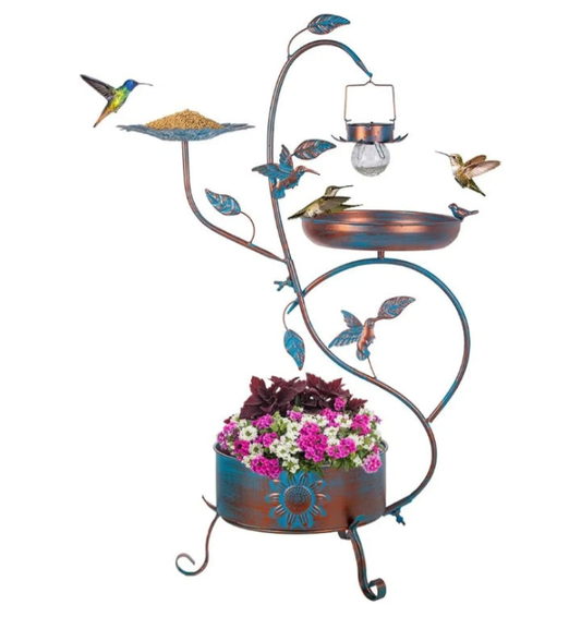 Metal Bird Bath for Outside, Birdbaths Outdoors with Planter and Feeder, Garden Blue Bird Baths with Solar Lights