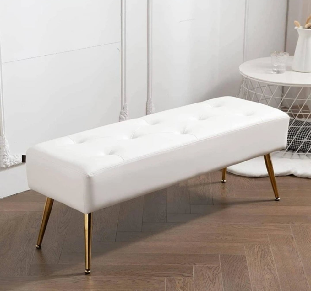 44.75" White PU Leather Ottoman Bench For Living Room Modern Button-Tufted Upholstered Bed Bench With Gold Legs Luxurious Vanity Bench For Makeup Room Entryway Fumahaus 44.75" White PU Leather Ottoman Bench For Living Room Modern Button-Tufted Up