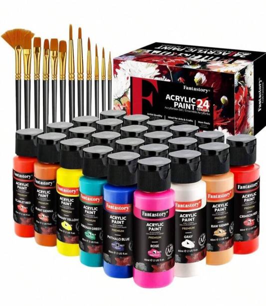 24 Colors(2oz/60ml) Acrylic Paint Set With 12 Brushes, Craft Paint Supplies For Adults Artists Kids Beginners, Painting Supplies For Ceramic, Wood, Fabric, Model, Rock, Canvas Paint Set