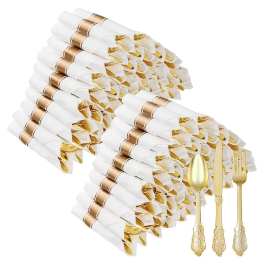 100 Pack Gold Plastic Silverware with Pre Rolled Napkins for 100 Guests, Heavyweight Gold Disposable Utensils Sets Includes 300 Plastic Cutlery, and 100 Napkins for events