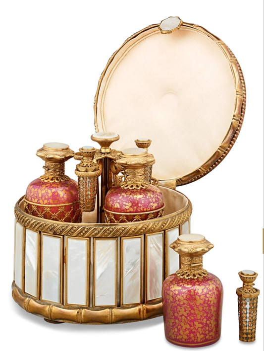 Fabulous Piece A Palais-Royal Mother-of-Pearl Perfume Box and Flasks made of crystal gilt bronze and pink opaline glass. Absolutely stunning. 😍