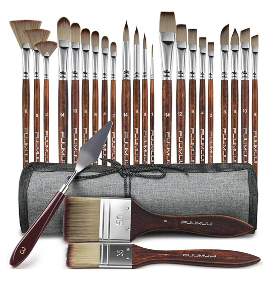 25pcs Paint Brush Set, Fuumuui Acrylic Paint Brushes, Professional Artist Series with Wide Flat, Filbert, Fan, Dagger, Cat Tongue, Round, Angle, Rigger for Oil, Acrylic Canvas Paintings, Face Painting
