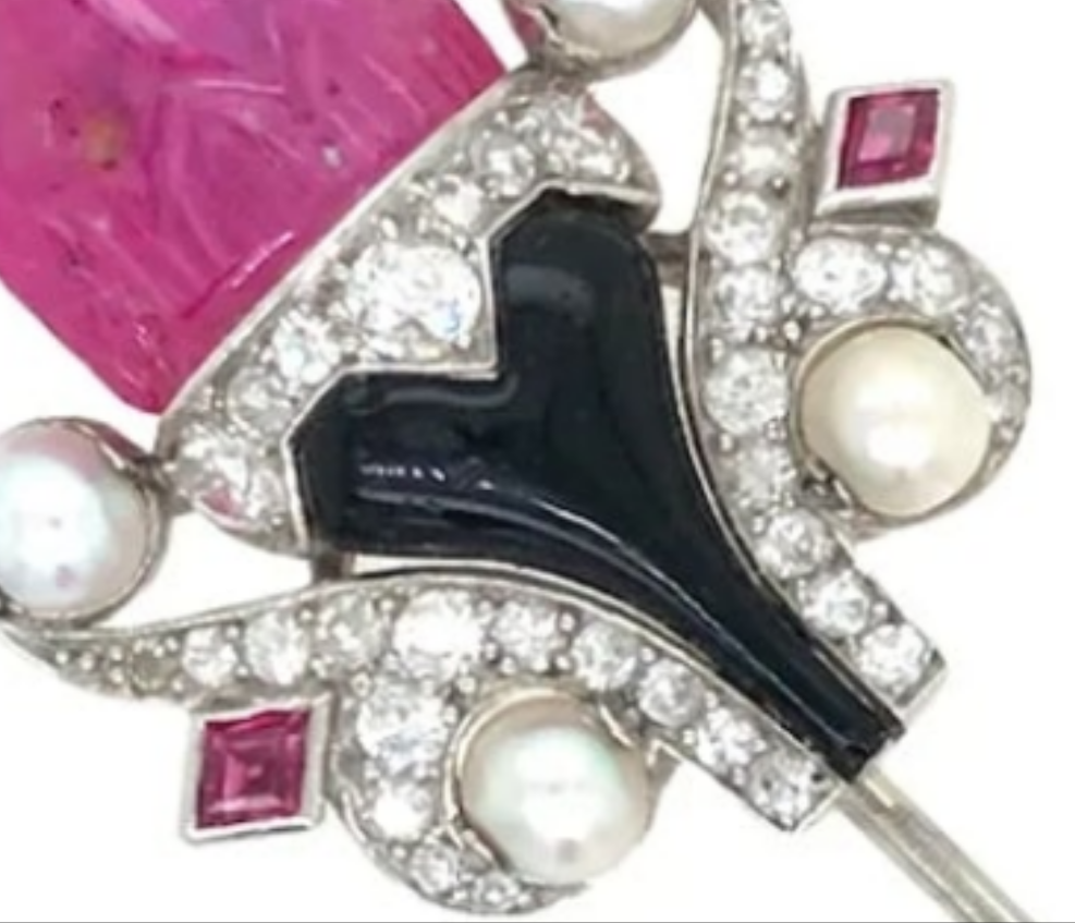Cartier, Platinum 18K Gold Ruby Pearl Enamel Diamond Jabot Brooch, IAJA, GIA Diamonds: Approximately 0.32 ct Burma No-heat carved Ruby: