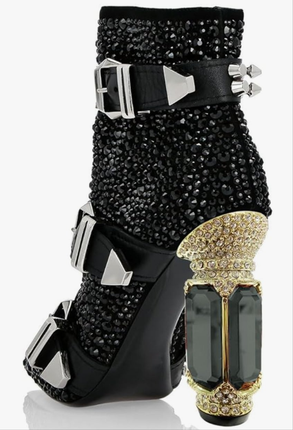 Pointed Toe Crystal Chunky Block High Heel Ankle Boots Glossy Side Zipper