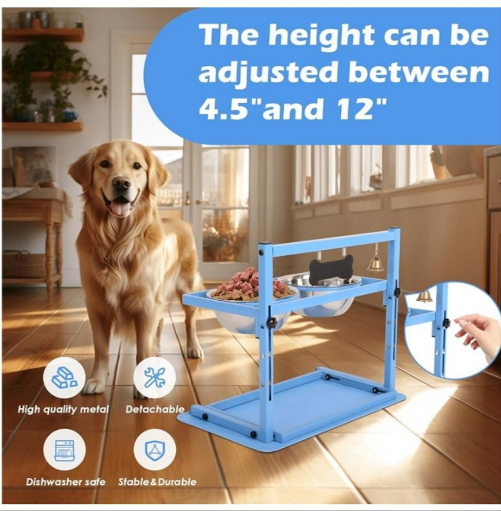 Elevated Dog Bowl Stand with Two 1700ml Stainless Steel Food Bowls, Slow Feeder and Spill Proof Mat, Adjustable Feeder for Large, Medium and Small Dogs