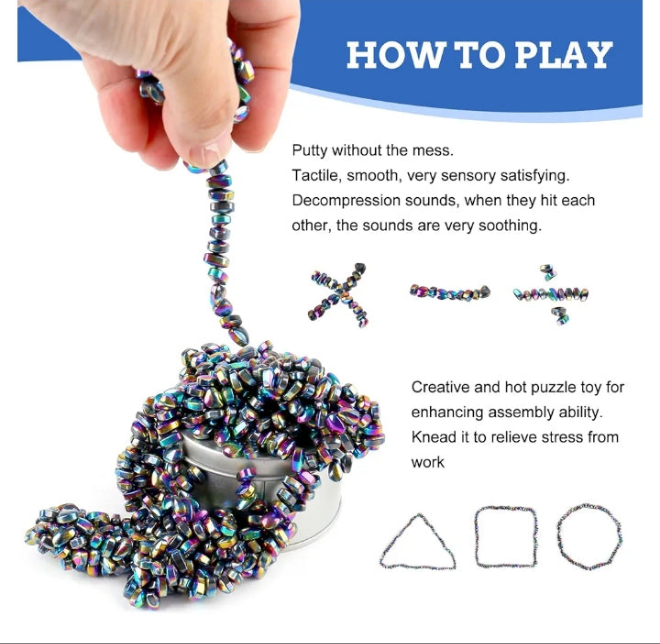 Fidget Toys for Anxiety】Each set of fidget toys has over 550 ferrite stones in a metal tin. You can gab the right account according to your hands, mash ‘em, mold ‘em, stack ‘em, Or make various shapes. When the rock slides from your fingers, feel its temp