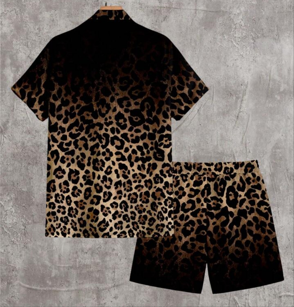 2pcs Set Men's Leopard Print Casual Oversize Full Print Short Sleeve Shirt & Matching Shorts