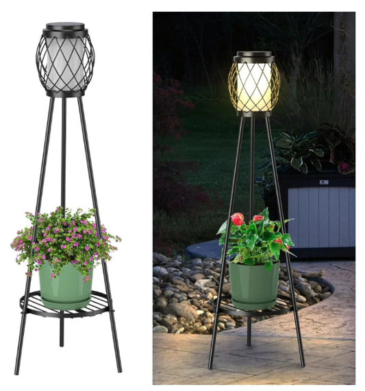 Solar Lights Outdoor Street Lights with Plant Stands 2 Pack, Solar Floor Lamp Metal Tripod Patio Lights for Garden Yard Pathway Driveway Front/Back Porch Decoration