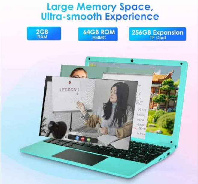 Mini Android 12 Laptop Computer, Portable Small Netbook with Allwinner A133 CPU Android 12 OS 2GB RAM 64GB EMMC HD IPS Screen 1280x800 0.3MP Camera(