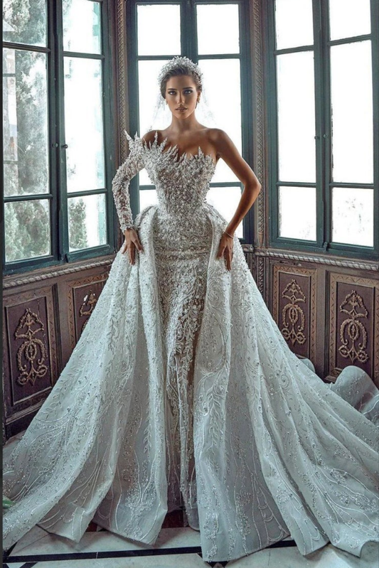 Stunning Long White One Shoulder A-line Beading Pearls Long Sleeve Weeding Dress With Train