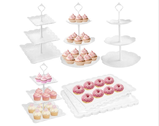 10 Pcs Cake Stand White Plastic Dessert Table Stand Set 4 Pcs 3 Tired Cupcake Display Stands Cookie Tray Rack Serving Tray Cake Display Tower and 6 Pcs Dessert Trays for Wedding Baby Shower Tea Party
