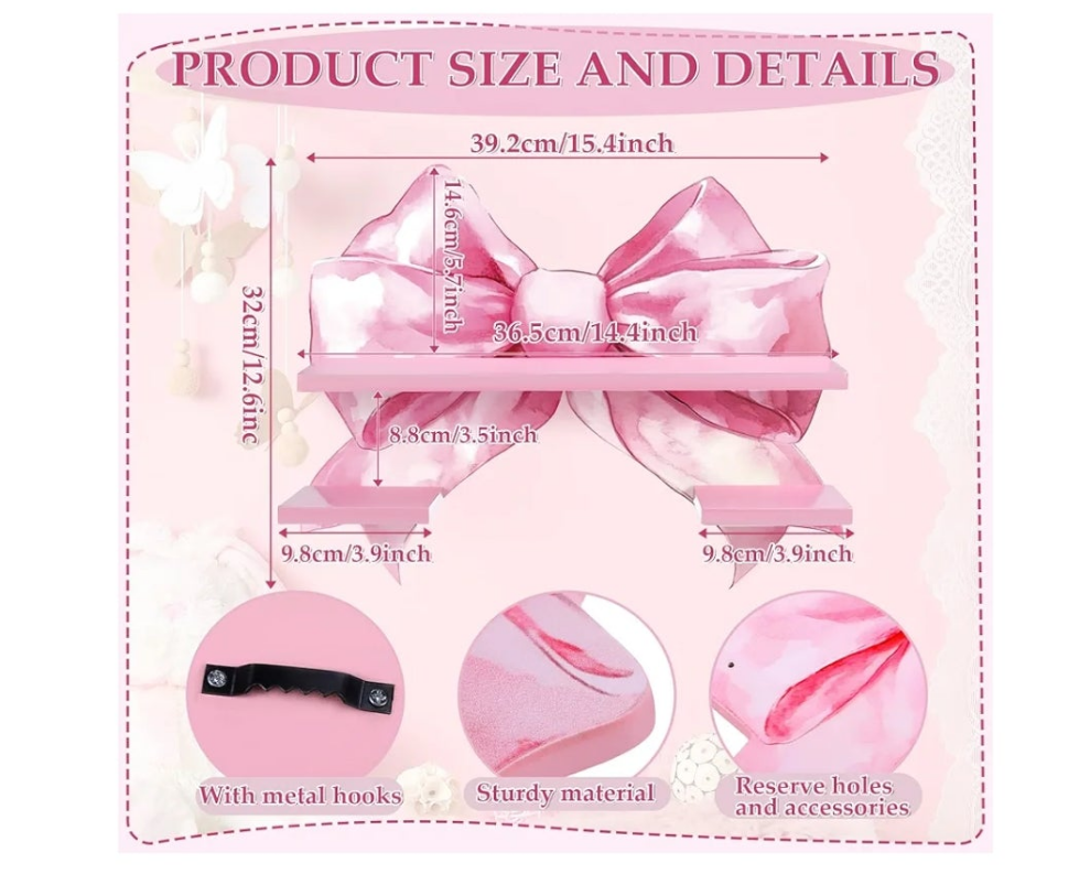 Pink Bow Floating Shelf Wooden Holder Wall Decor Shelf Bedroom Hanging Holder Pink Bow Wooden Floating Bathroom Decor 15.43 x 12.6 Inch for Bedroom Living Room Kitchen Office