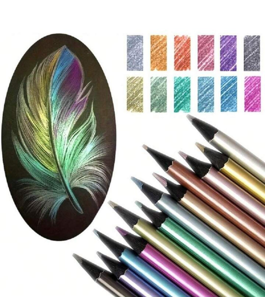 12 Vibrant Metallic Colored Pencils - Unleash Your Creativity with These Art Supplies! Wood