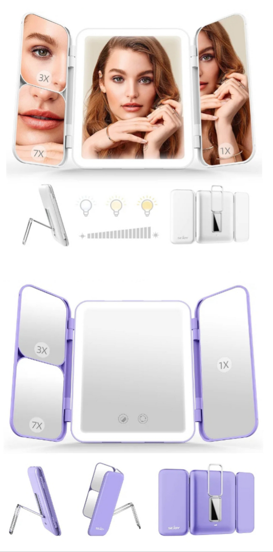 Travel Makeup Mirror, 64 LED Lighted Vanity Mirror with 1X 3X 7X Magnification, Tri-Fold Compact Mirror with Touch Light, Rechargeable,