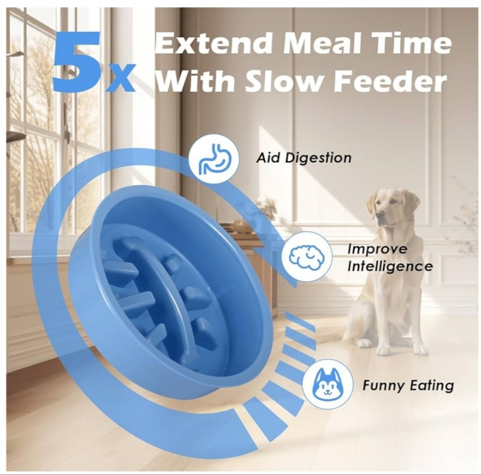 Elevated Dog Bowl Stand with Two 1700ml Stainless Steel Food Bowls, Slow Feeder and Spill Proof Mat, Adjustable Feeder for Large, Medium and Small Dogs