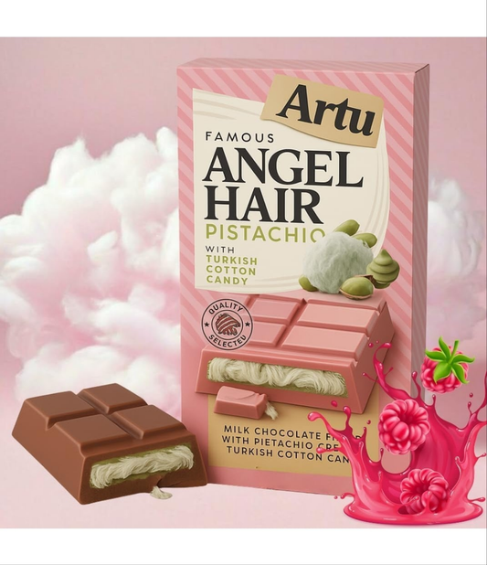 Dubai Chocolate Artu Angel Hair Bar 165g – Turkish Dairy Milk Chocolate Floss Bar with Pistachio Cream & Cotton Candy – Gourmet Dubai Candy Gift – Unique Middle Eastern Sweets