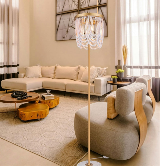 Gold Floor Lamp for Living Room, Boho Floor Lamp with White Wood Beads for Bedroom, Unique Round Decorative Floor Lamp Lighting Fixture 60'' Sofa Bedside Standing Corner Lamp