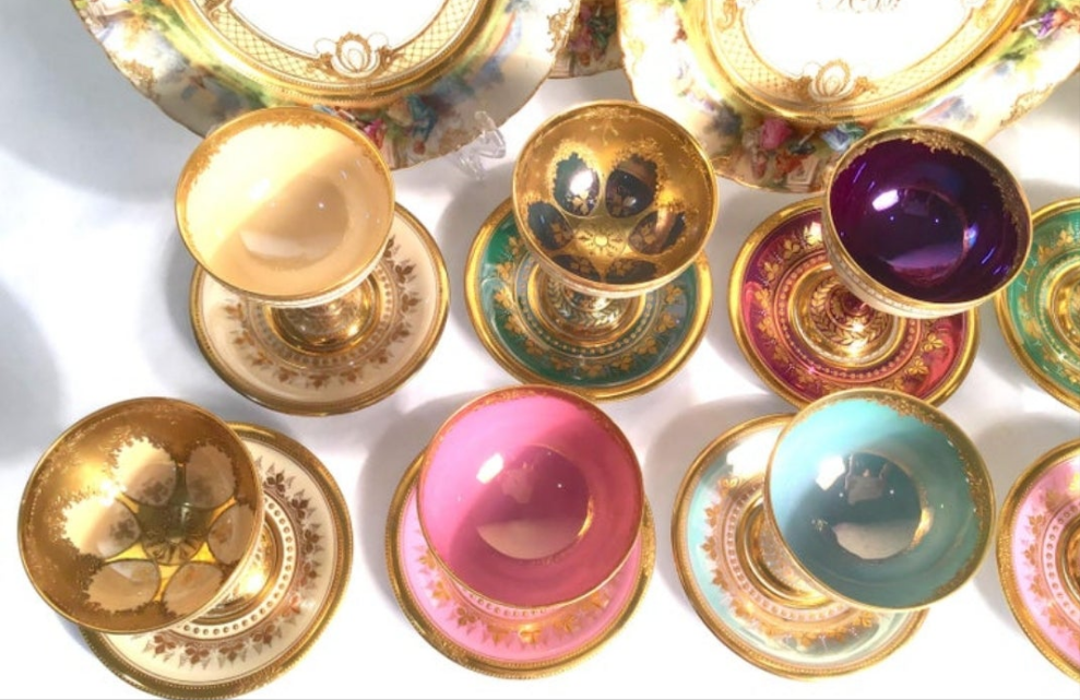 Dresden Ambrosius Lamm Footed Cups and Dessert Plates Set for 10 Hand Painted