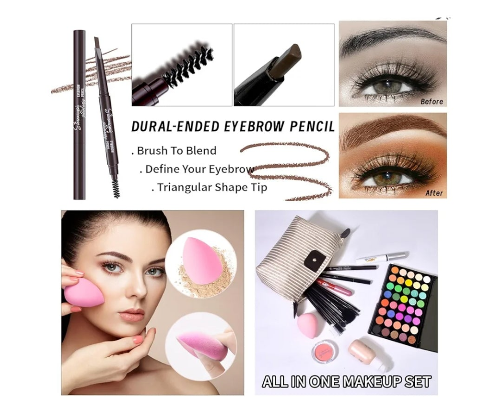 Makeup Set Full Kit for Girls Teens Women, Makeup Present Set, Includes Eyeshadow, Foundation, Blusher, Eyebrow Pencil, Mascara, Eyeliner, Brushes, Lip Gloss, Sponge, Cosmetic Bag choose set below