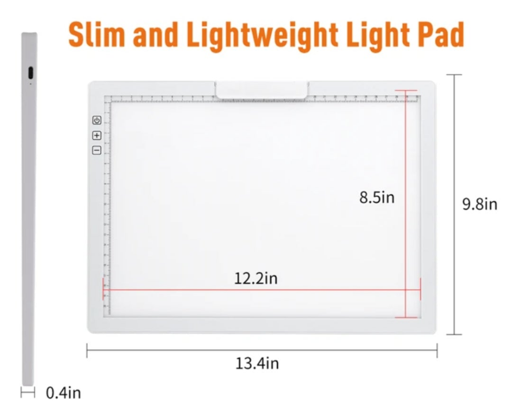 A4 Rechargeable Light Up Tracing Pad with Padded Carrying Case, Paper Clip, Foldable Riser Stands, 6 Levels of Brightness, USB-C Charging Cable, Wireless Light Board for Diamond Painting Tracing and Drawing