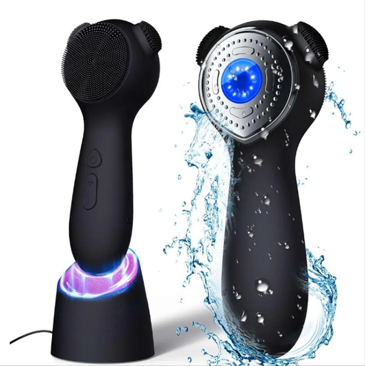 Silicone Face Scrubber Exfoliator Electric for Men Women, Rechargeable Facial Cleansing Brush with Wireless Charging Dock, Waterproof Sonic Vibrating Face Scrub Brush Cleanser for Exfoliating, Black