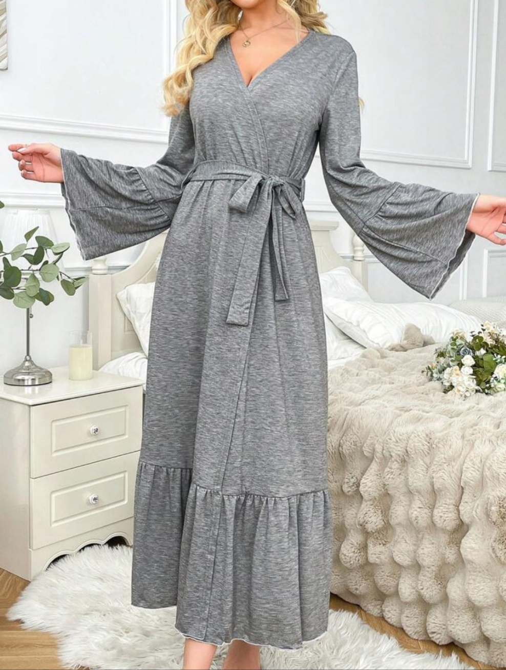 Elegant Casual Exaggerated Ruffle Trim Long Sleeve Ladies Loungewear Robe