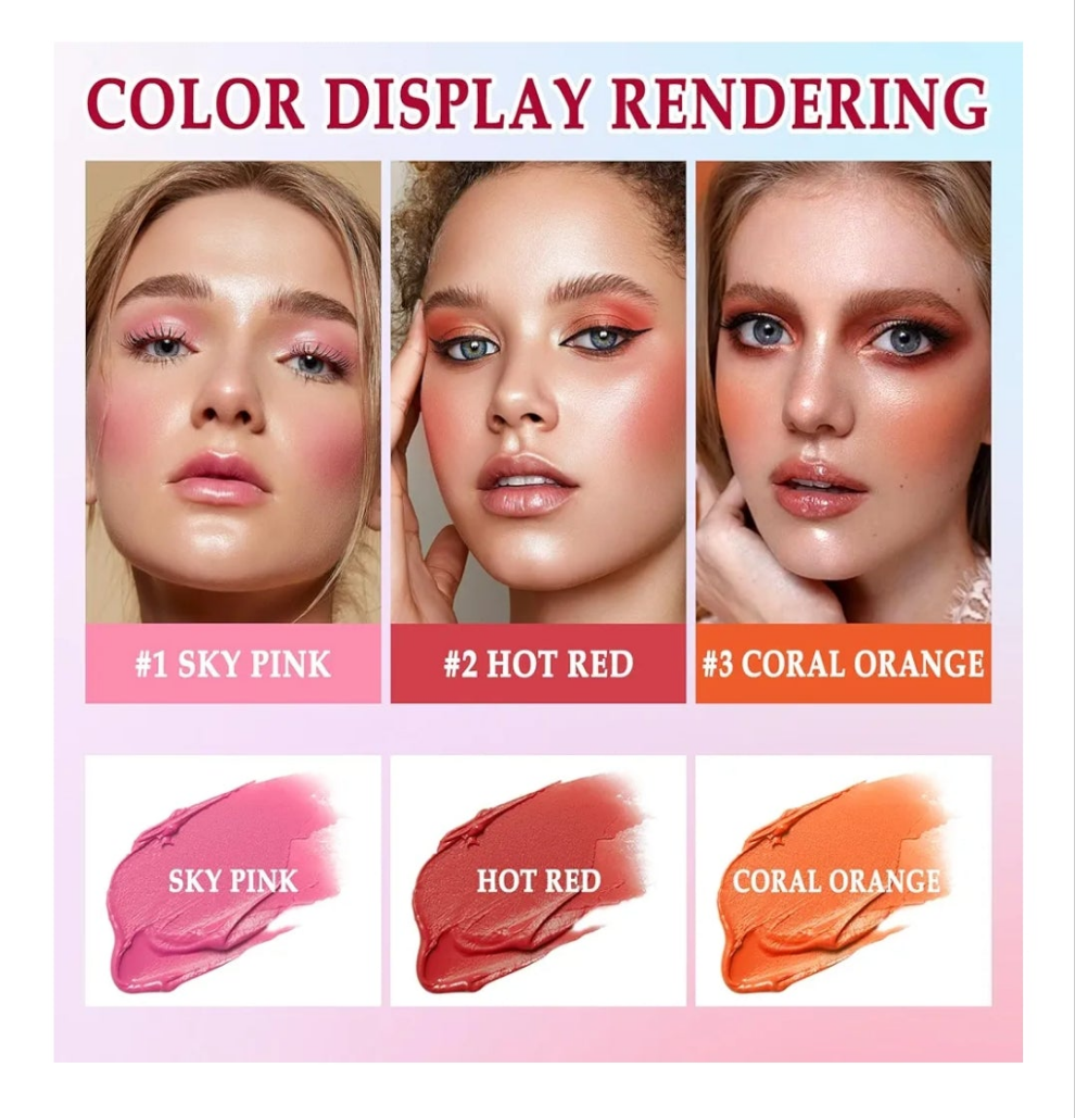 3 Colors Blush Stick with Makeup Sponges,Matte Solid Cream Blush,Multi-Use Blush Stick for Cheeks,Lips and Eye,High Pigmented Makeup Sticks Set A