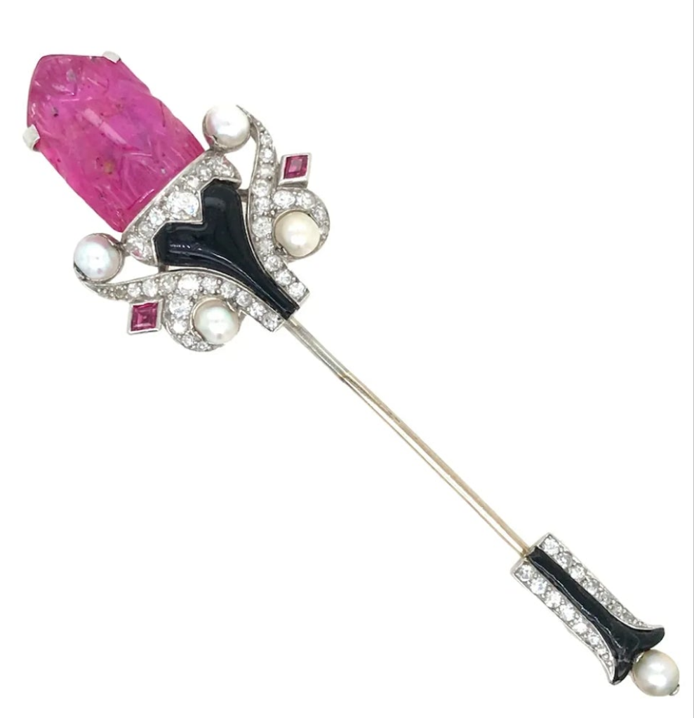 Cartier, Platinum 18K Gold Ruby Pearl Enamel Diamond Jabot Brooch, IAJA, GIA Diamonds: Approximately 0.32 ct Burma No-heat carved Ruby:
