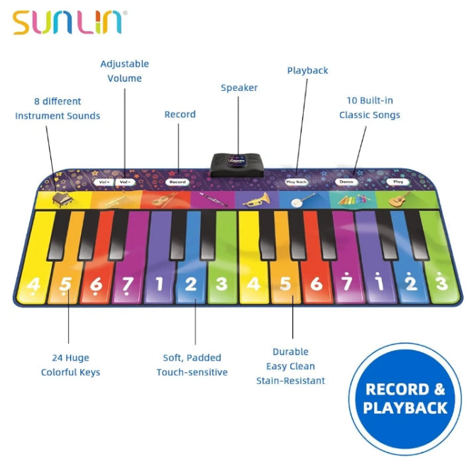 6 ft. Floor Piano Mat for Kids & Toddlers, Giant Piano Mat, 24 Keys, 10 Built in Songs, 8 Instrument Sounds, Record & Playback, Song Booklet, Musical Toy Gift for Boys & Girls