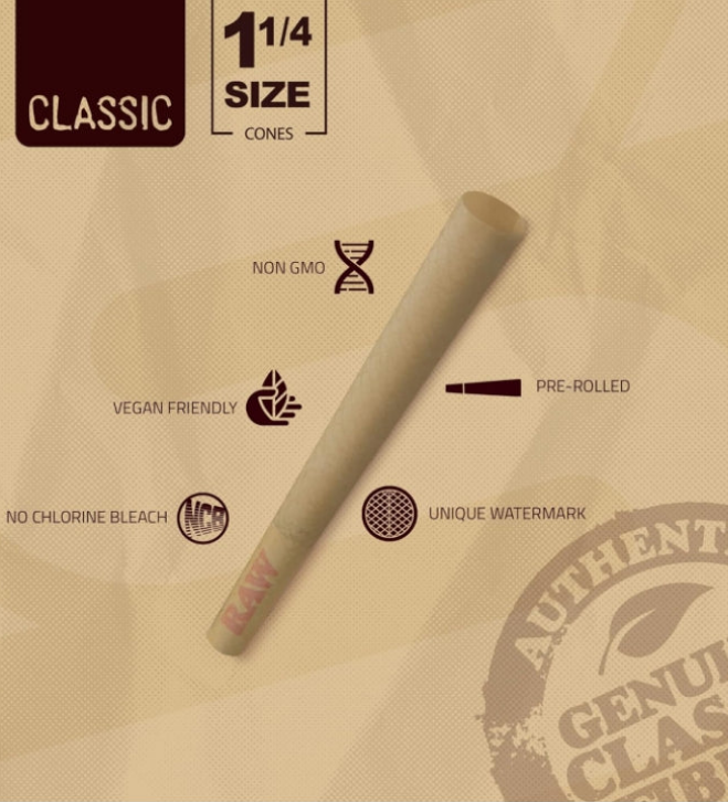 RAW Cones Classic 1-1/4 Size | 50 Pack | Natural Pre Rolled Rolling Paper with Tips & Packing Tubes Included