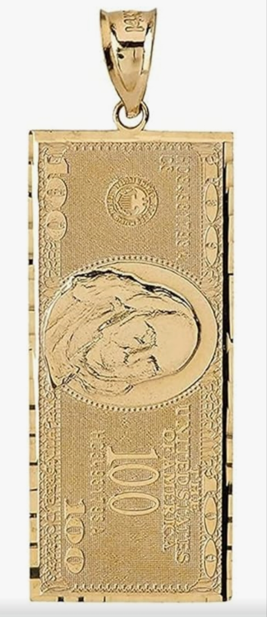 COCOMONEY Yellow Gold 1.4" Benjamin's One Hundred Dollar Bill Money $ Charm Pendant