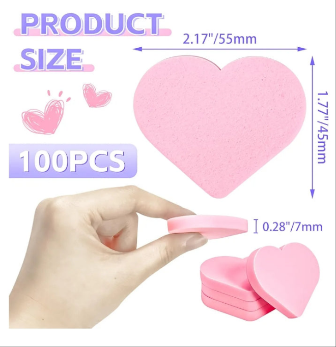 100 PCS Pink Makeup Sponge, Cosmetic Sponge Heart Shape Foam Pad Eye Facial Powder Puff, Beauty Makeup Foundation Powder Blender for Women Lady All Skin Types Wet and Dry Dual Use