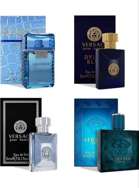 Versace Cologne for Men Set of 4 Mini Eros, Pour Homme, Dylan Blue, Eau Fraiche Perfume for Men Fragrance Sampler Set - Designer Mens Cologne Samples (4 Count, 0.17 oz)