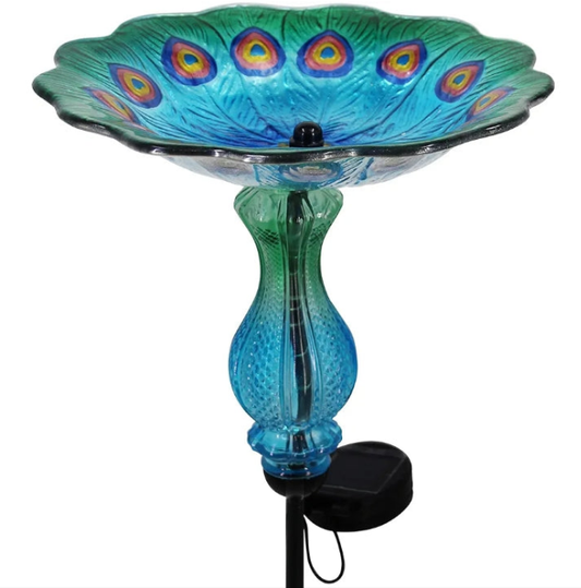 Peacock Bird Bath for Outdoor - Glass Bowl Solar Light Bird Baths Cage Outside Dish Bird Feeder with Metal Stake for Garden, Yard and Patio - 32 inches