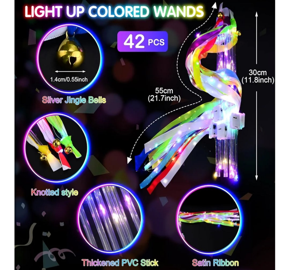 Light Up Wands,Wedding Wands with 3 Colorful Flashing Modes,LED Silk Fairy Wands with Bells,Glow Ribbon Streamers for Wedding,party 4th of July birthday party