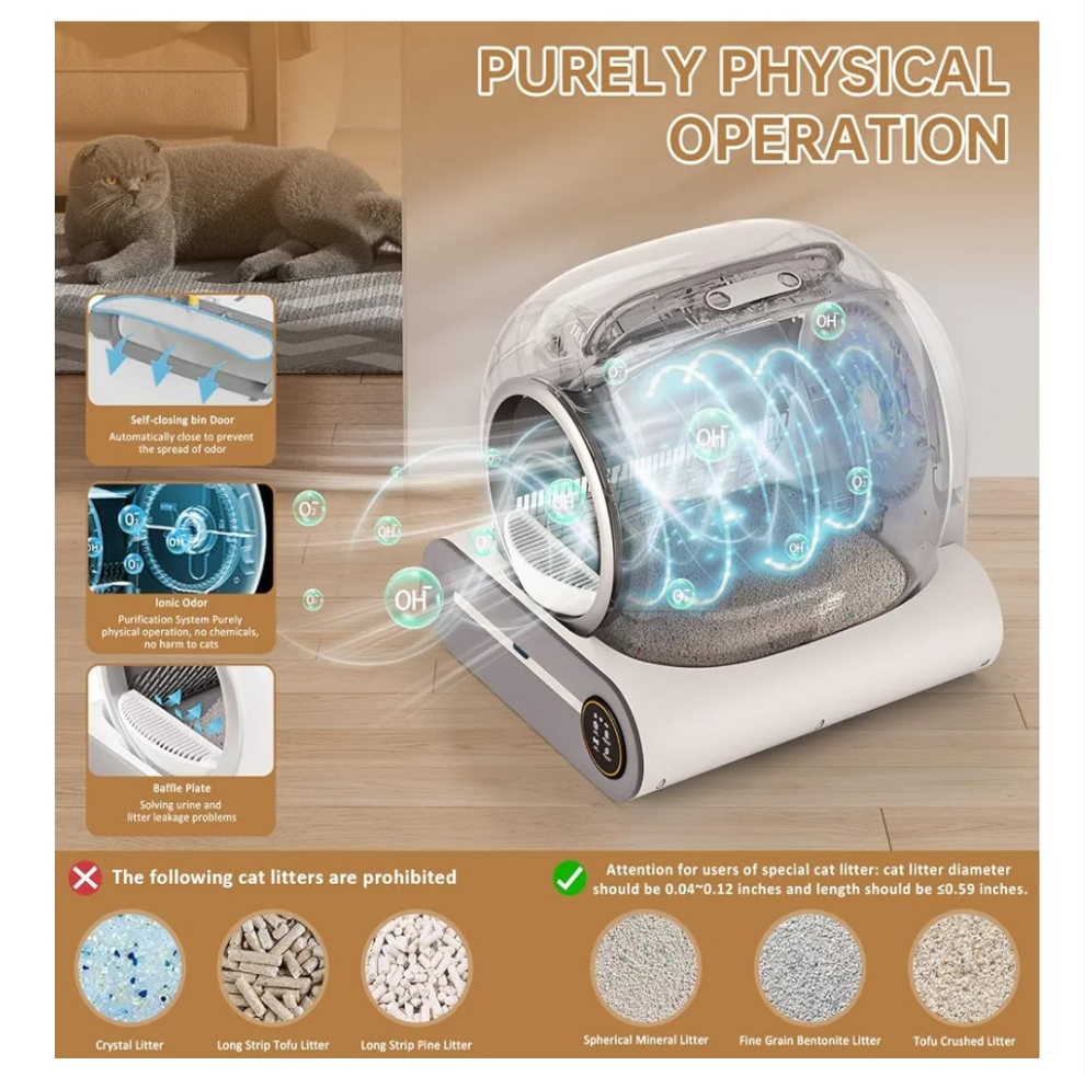 Self Cleaning Litter Box, Automatic Cat Litter Box Self Cleaning for Multiple Cats, 65L+9L Robot, 3 Rolls Grabage Bags, Negative ion Deodorization, APP Control, Toilet Monitoring
