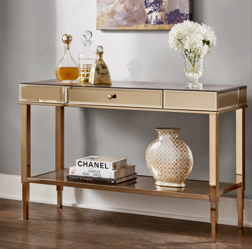 Glass Mirrored Top Console Table in Gold or Silver Tone