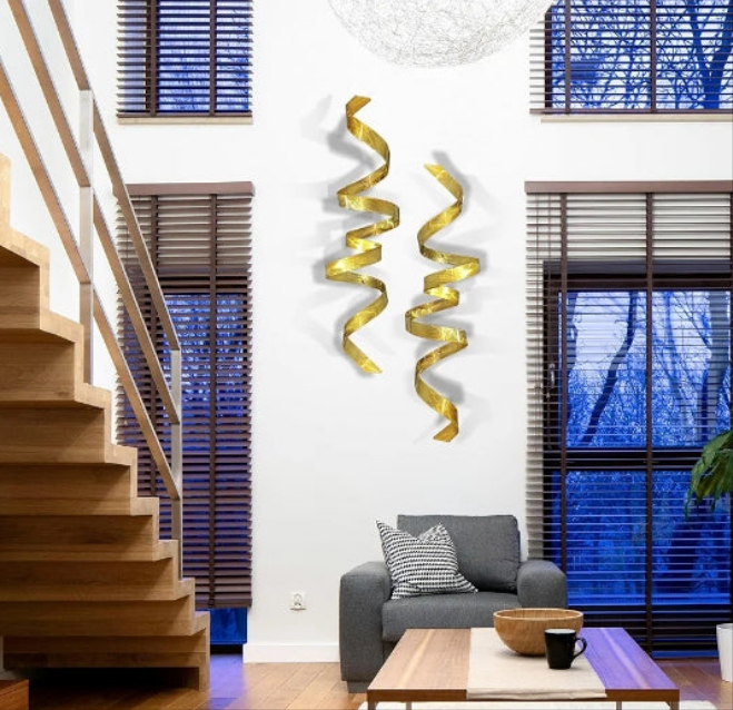 Abstract Metal Wall Art - Wall Twist Set of Two 44 x 10 x 10 Inches - Modern Luxury Metal Wall Decor for Bedroom Living Room Office - Large Elegant Contemporary Metal Sculpture