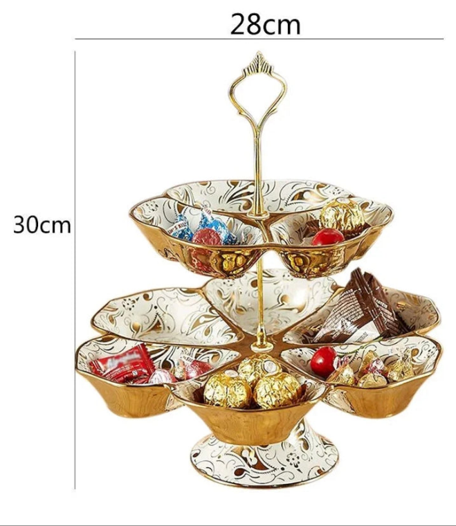 GOLD PLATED Fruit Basket Cupcake Stand Party Tray Fruit Bowl European Gold-Plated Ceramic Living Room Dried Fruit Candy Dish Multi-Layer Grid Tray Household 2 Layer Fruit Plate
