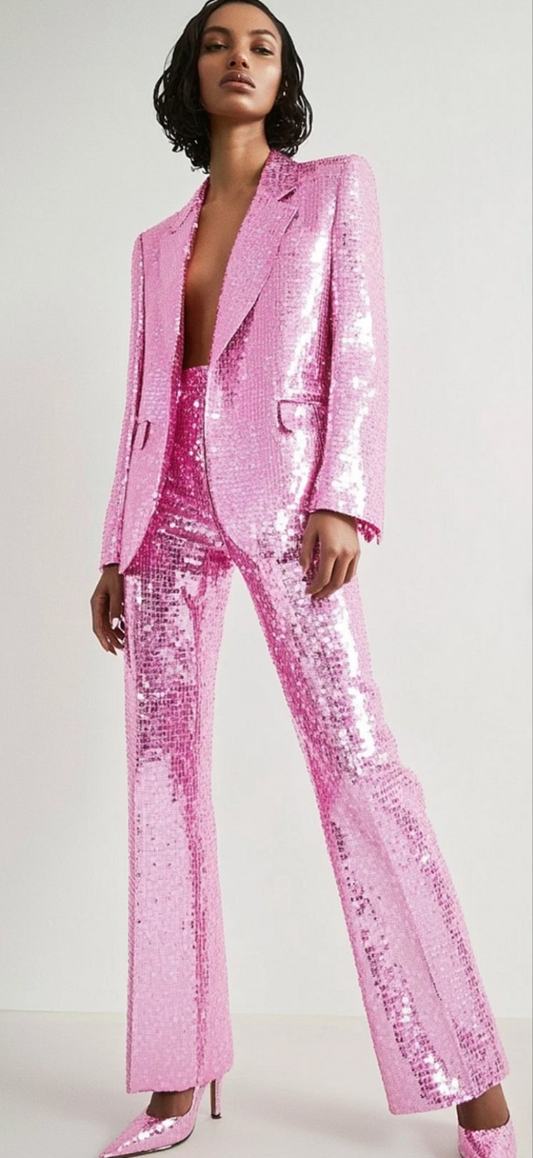 COCOMONEY Sequin Peaked Lapel Blazer Two Piece Pant Suit-Pink