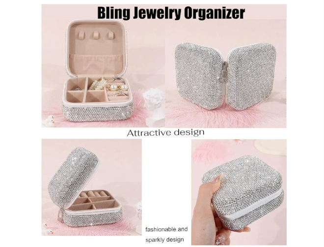 Bling Jewelry Organizer, Travel Jewelry Case Organizer Portable Small Jewelry Storage Box Shining Jewelry Holder