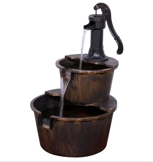Outdoor Floor Rustic 2-Tiered Barrel and Pump Water Fountain, Old-Fashioned Fountain, 27", Bronze